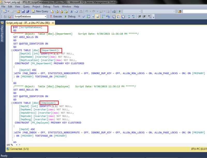 generated script it will open MS SQL Server 2012